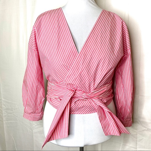 JW Style Striped Wrap Front Tie Shirt Blouse - Picture 7 of 8